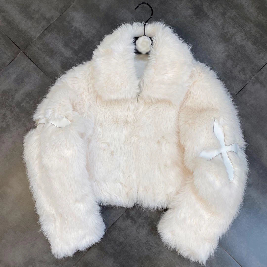 2023 Winter Women Jacket Lapel Long Sleeve Patch PU Cross Fur Cotton Coat