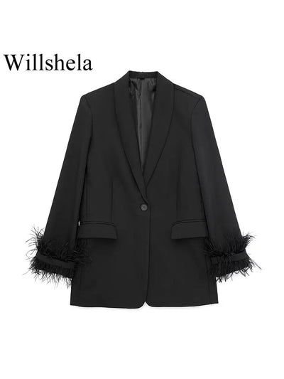 Willshela Women Fashion Satin Black With Feather Blazer Jacket Vintage Notched Neck Single Button Long Sleeves Female Outfits