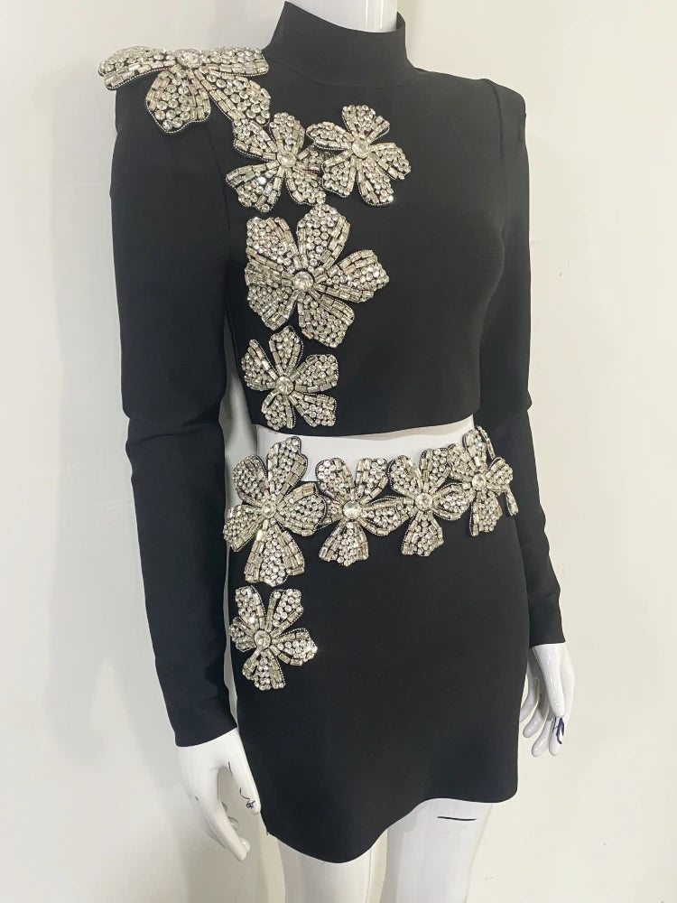 Sexy Long Sleeves Bandage 2-Piece Sets Women Turtleneck Shiny Diamonds Flower Top + Bodycon Mini  Skirts Suits Evening Party Set