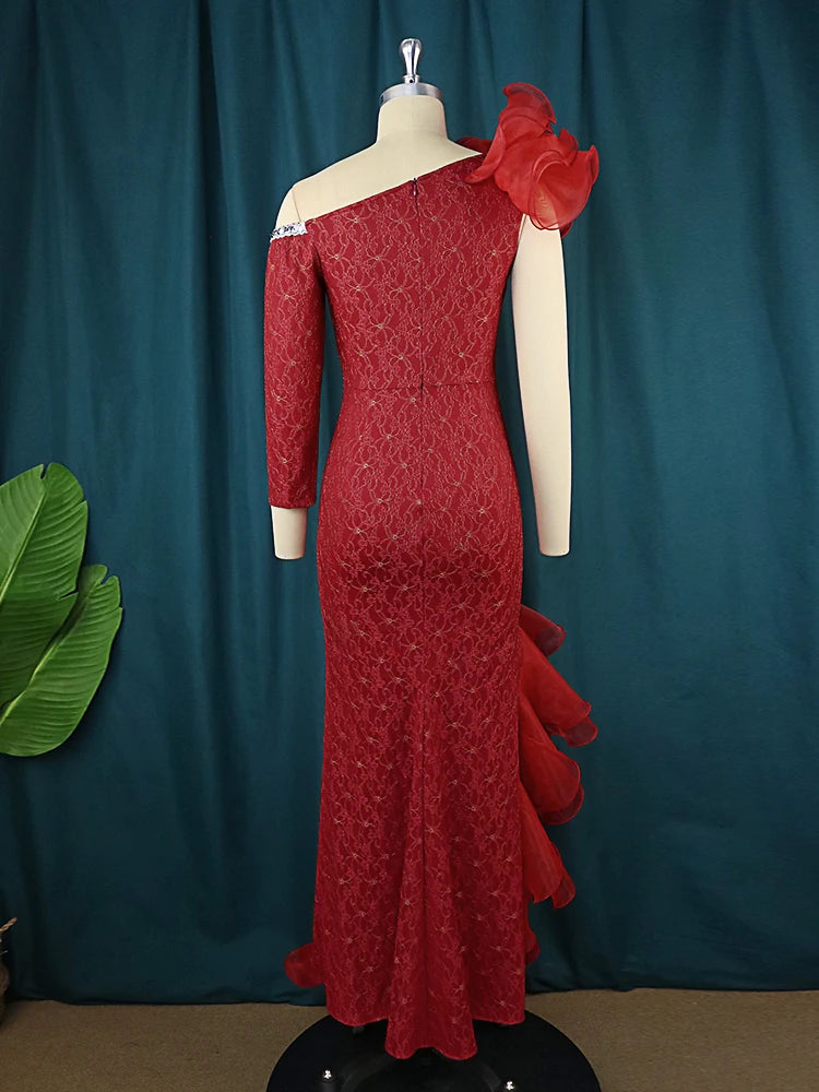 AOMEI Women Party Dress Off Shoulder One Sleeve Tiered Ruffle Slit Long Burgundy Lace Christmas Birthday Elegant Prom Event Gown