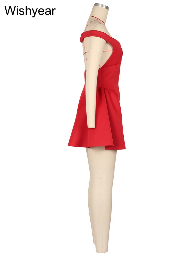 Fashion Halter A-line Deep V Off Shoulder Backless Birthday Women Red Mini Dress Sleeveless Ruched Princess Party Bodycon Robe