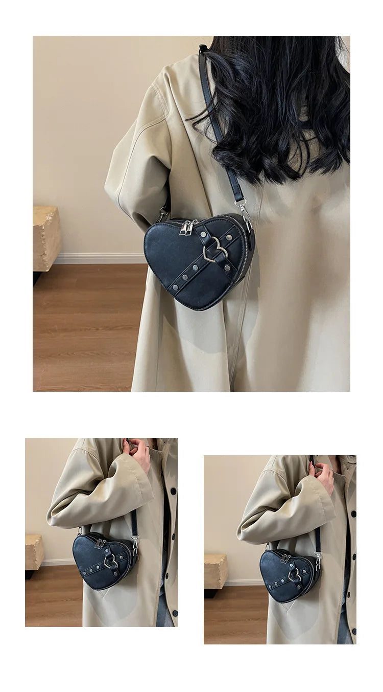 Vintage Y2K Small Chain Rivet Shoulder Bag Heart Shaped Purse Handbag Red PU Leather Gothic Tote Bag Fashion Women Crossbody Bag