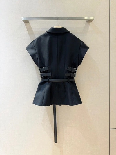 2025 Summer Women's Black Tailored Blazer 100% Polyester Belted Waist Statement Long Strap Slim Fit Chic Office Casual Workwear