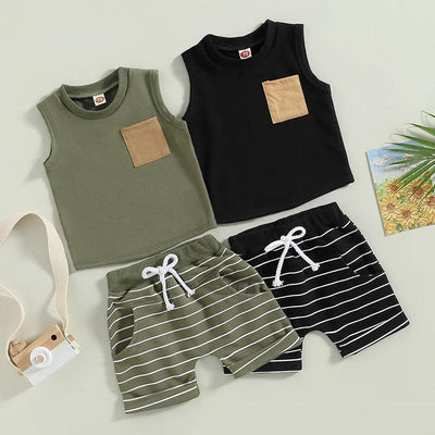 2Pcs Baby Boy Summer Outfits Clothing Set Cotton Casual Sleeveless Pocket Tank Tops+Striped Pocket Shorts Set For Toddler - MAGUSTA BEAUTY