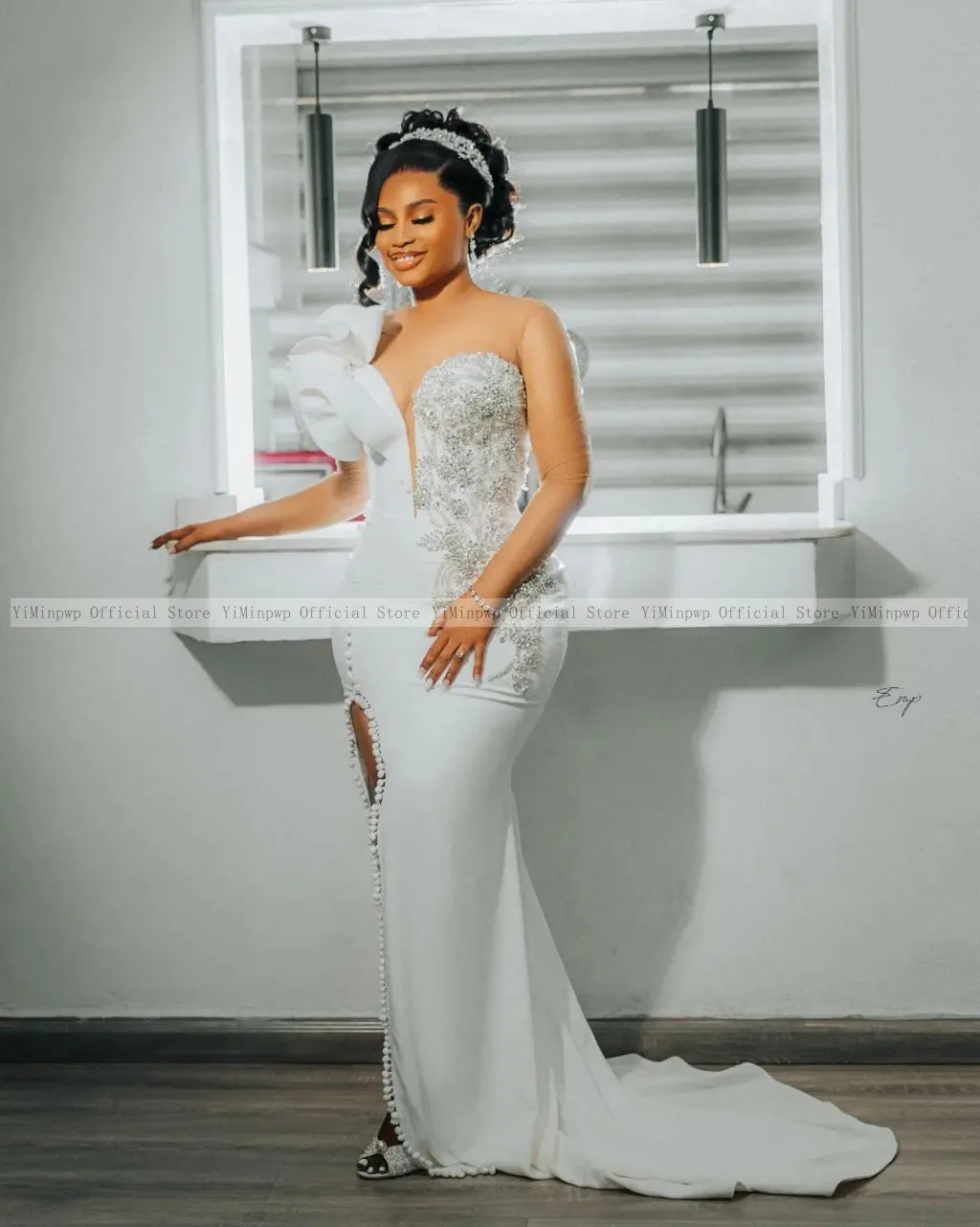 Nigeria Mermaid Wedding Dresses for Bride Sheer Neck Long Sleeve Side Split Ruffles Africa Wedding Reception Gowns Customized