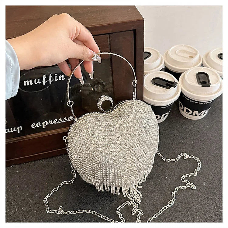 Rhinestone Evening Bag Heart Pattern Silver Handbag Womens Diamond Tassel Banquet Clutch And Purse Wedding Bridal Prom Wallets