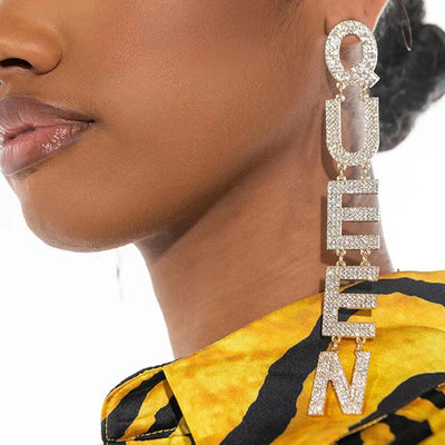 2022 Exaggerated Queen Rhinestone Earrings for Women Fashion Long Letters Pendant Earring Fashion Shiny Party Costume Jewelry