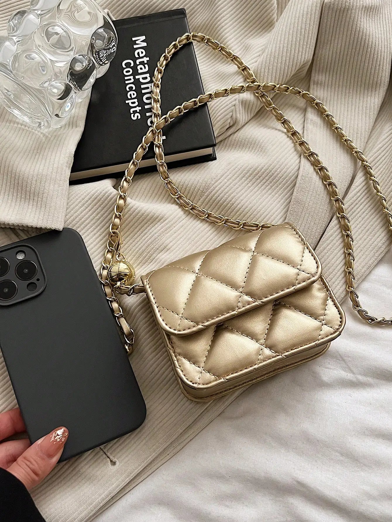 Simple And Versatile Texture Mini Bag With Gold Ball Chain Strap Shoulder Bag Crossbody Bag 	Purse Women's Bag