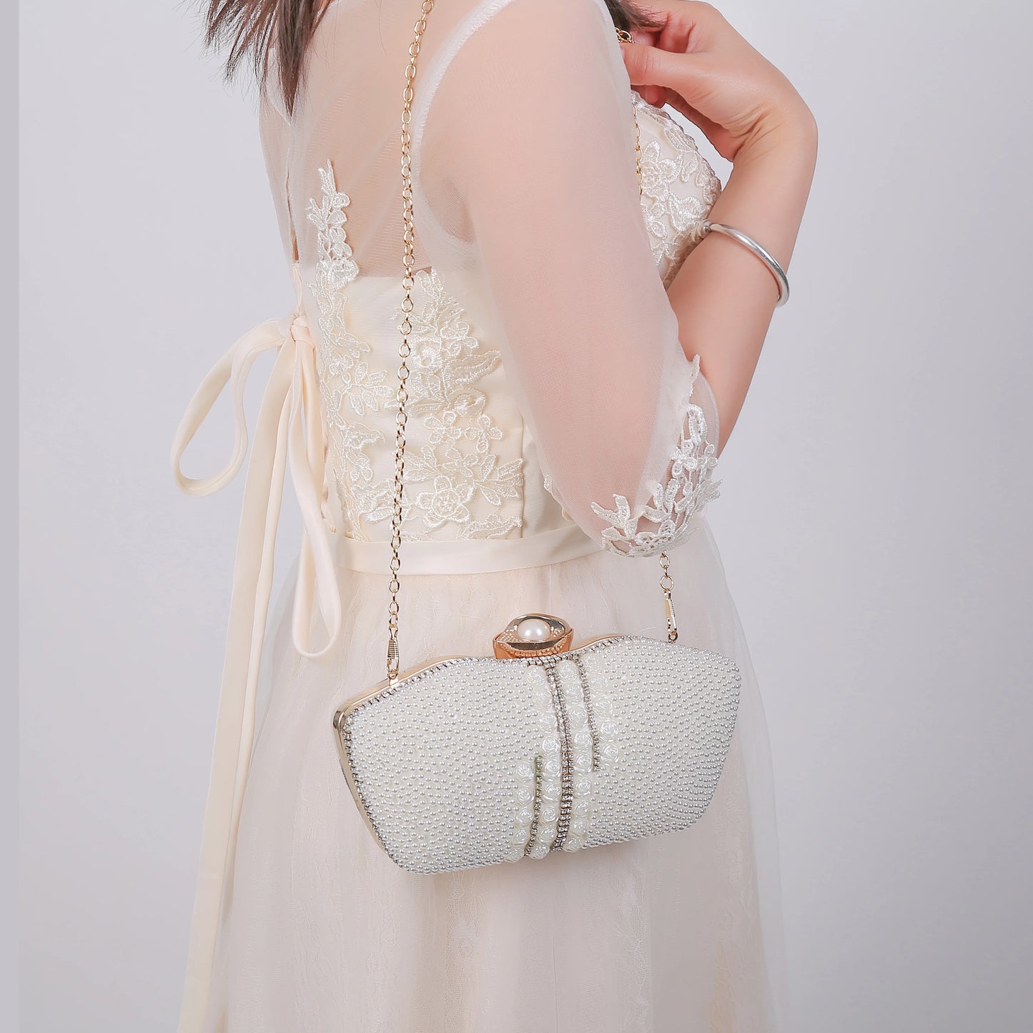 rhinestone evening bags Chain Clutch Bag Set with Diamond Pearl One Shoulder for Evening Wedding Party Dresses Made Crystal