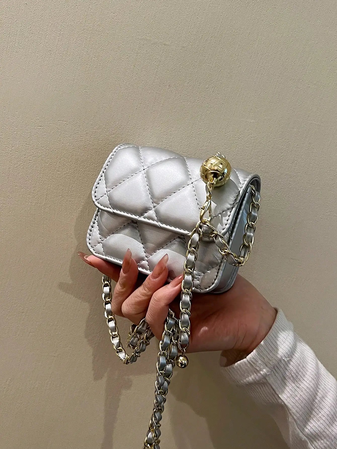 Simple And Versatile Texture Mini Bag With Gold Ball Chain Strap Shoulder Bag Crossbody Bag 	Purse Women's Bag