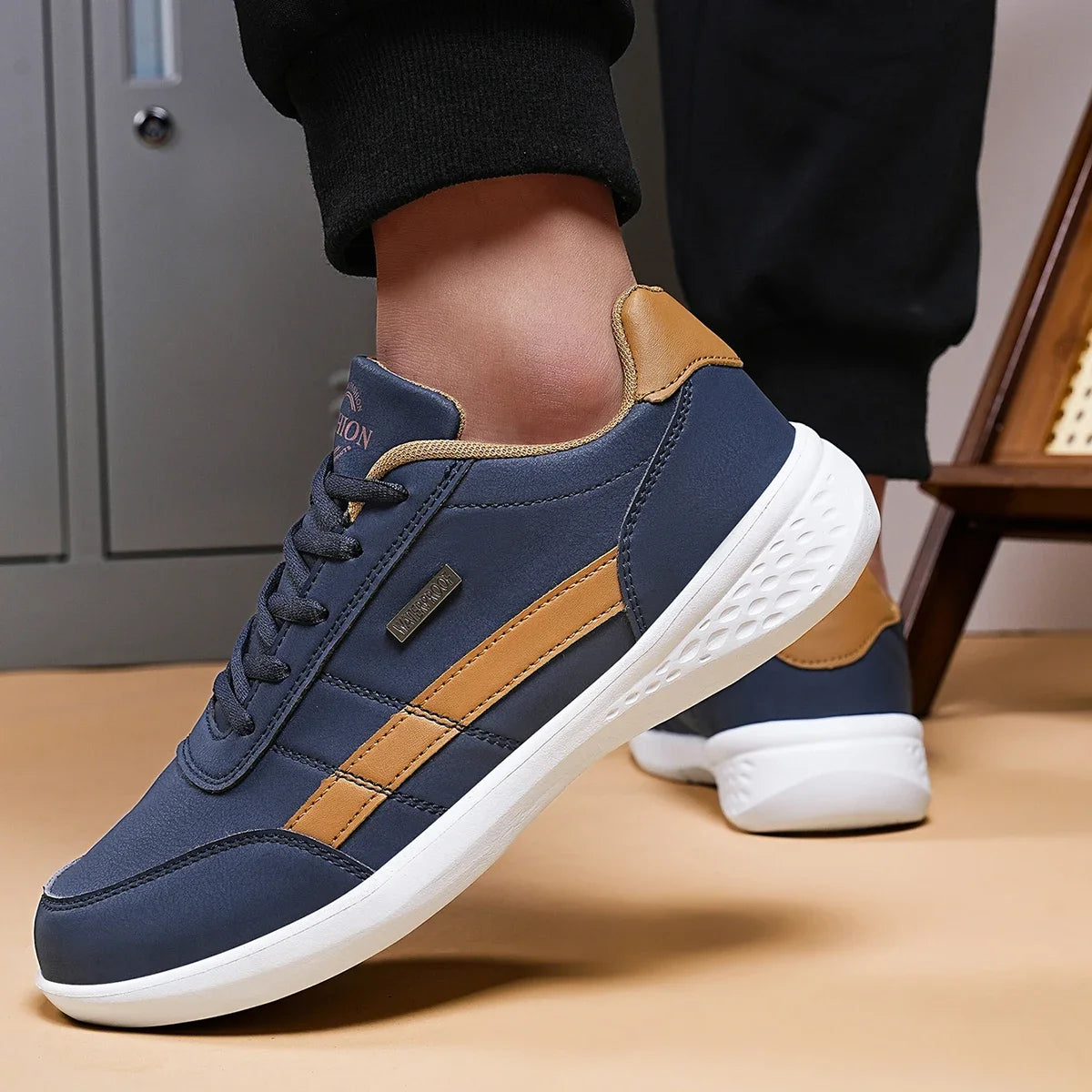NKLSA New Men's Shoes Spring Autumn Waterproof Walking Sneakers Casual Men Leather Sneakers Non-Slip Shoes Mens Tennis Shoes