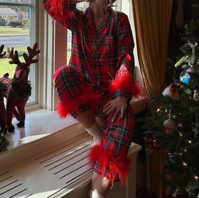 Women's 2 Piece Pajama Set Long Sleeve Lapel Button Up Shirt Tops Solid Color/Plaid Pants Christmas Sleepwear Sets