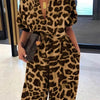 Summer Fashion V-Neck Button Lace-Up Jumpsuit Short Sleeve Loose Playsuit Overalls Women Elegant Leopard Print Pocket Rompers