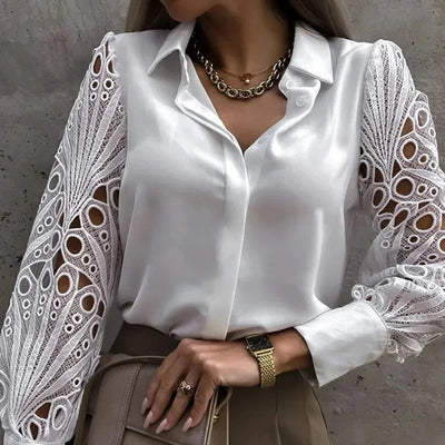 Women's Blouse White blank Elegant V-neck Lace Sleeve Cut-out Patchwork Office Commuter Black Shirt For Female