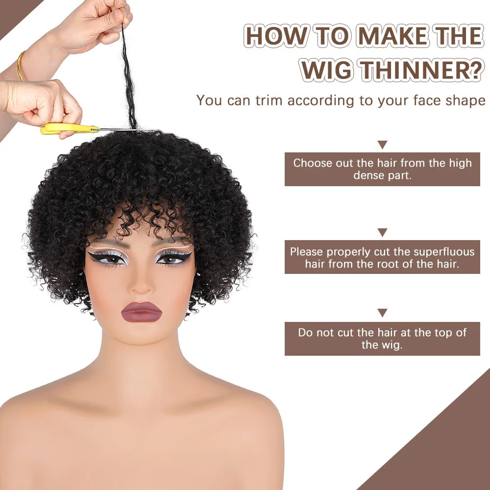 10 Inch Afro Kinky Curly Bob Wig With Bangs Curly Pixie Cut Glueless Wigs Machine Made Brazilian Human Hair Wigs For Black Women