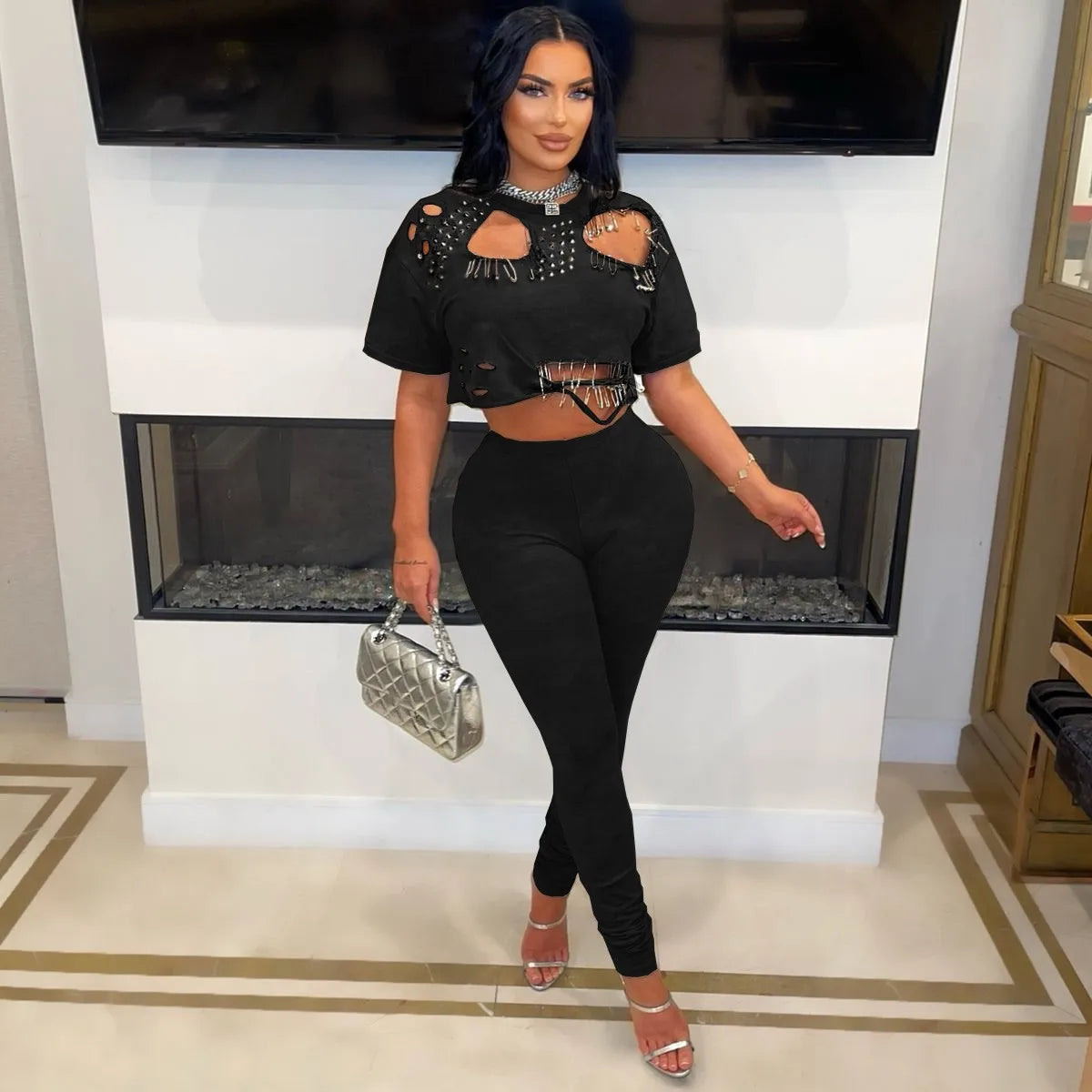 Joskaa Elegant 2 Piece Set Women Sexy Hollow Pin Short Sleeve Crop Tops and Pencil Pants Matching 2025 Summer Party Club Outfits