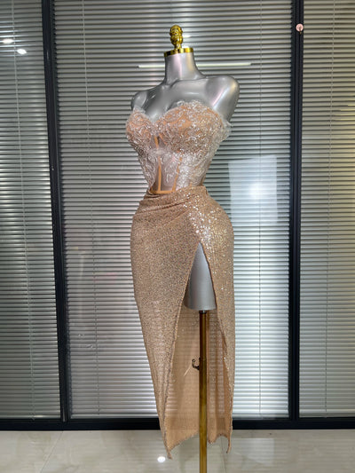 Summer New Women Sexy Strapless Two Pieces Set Glitter Night Club Skirt Suits Laced Singer Dancer Stage Performance Costume