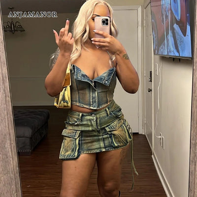 ANJAMANOR Vintage Denim 2 Piece Set Irregular Cargo Mini Skirt and Top Sexy Club Outfit for Womens Summer Clothes D73-II55
