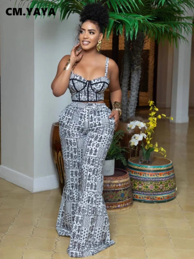 CM.YAYA Women's Set Print Strapless Bra Top and Flare Pants Suits 2025 Summer Street Party Two 2 Piece Sets Outfits Tracksuit