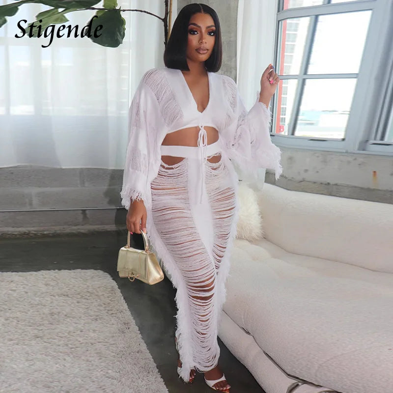 Women Summer Beach 2 Piece Skirt Set Long Sleeve Crop Top and Maxi Skirt Crochet Swimwear Fringe Tassel Hollow Out Loose Outfits
