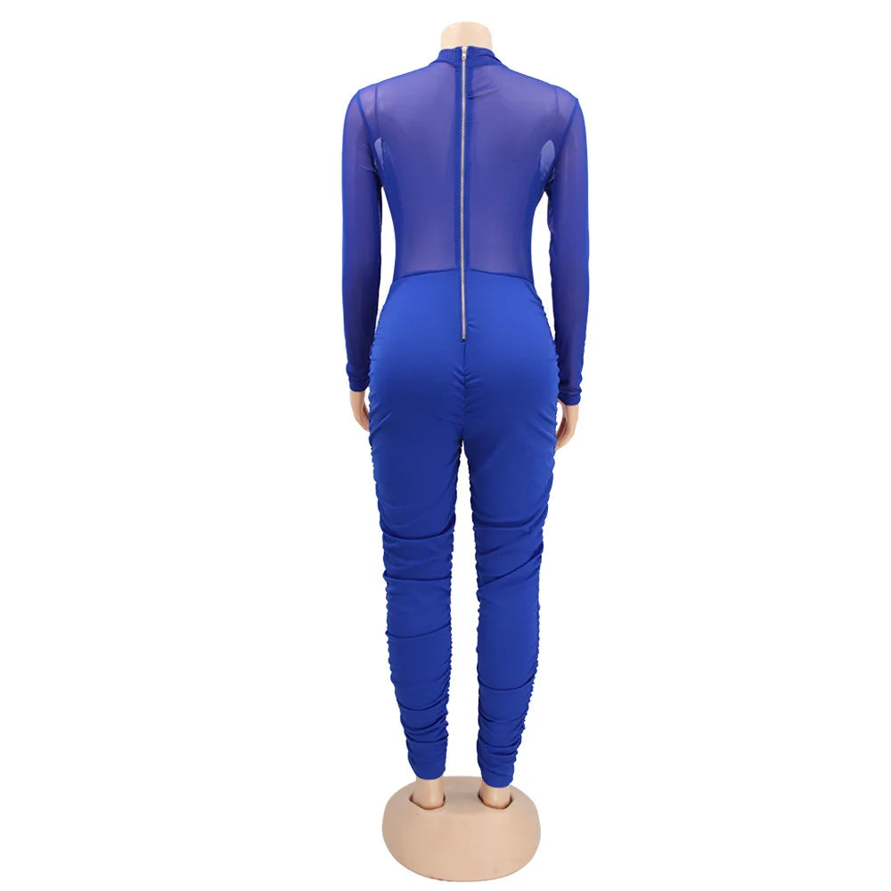 Sexy Mesh Patchwork Jumpsuits for Women Elegant Long Sleeve Bandage One Piece Party Long Bodysuit