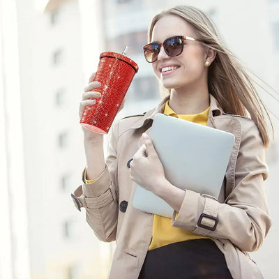 1 Pc Rhinestone Coffee Cup Gift Cup Rhinestone Rhinestone Thermos Cup Double Stainless Steel Straw Cup Coffee Mug  Water Bottles