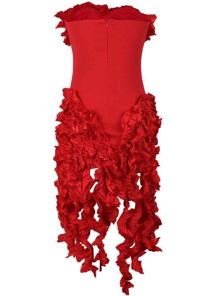 Bonnie Forest Women's Fringed Bandage Midi Dress Glam Strapless Irregular Ruffle Party Cocktail Dress Female Vestidos Clubwear