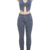Weird Puss Blue Striped Women Casual Two Piece Set Crochet Halter Deepv-Neck Vest+Pocket Pants Skinny Stretch Matching Outfits