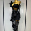 Women Sexy One Shoulder Bow Mesh See Through Bandage Bodycon Dress With Gloves Black Sleeveless Elegant Party Birthday Dresses