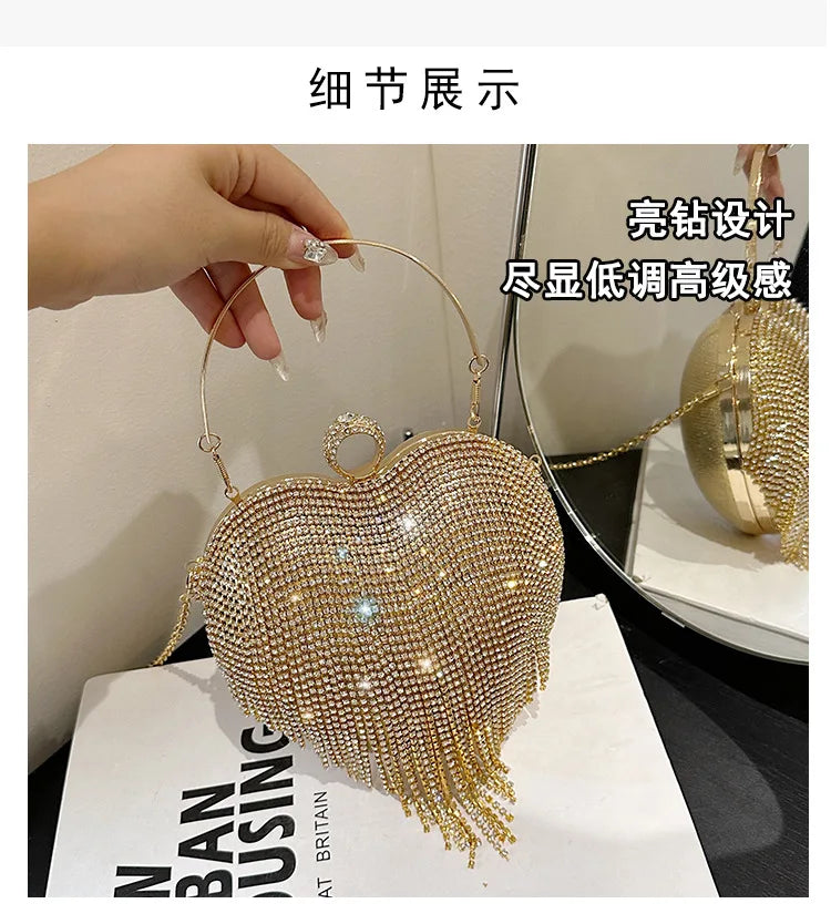 Rhinestone Evening Bag Heart Pattern Silver Handbag Womens Diamond Tassel Banquet Clutch And Purse Wedding Bridal Prom Wallets