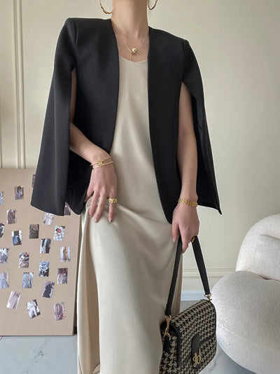 Vintage Elegant Cloak Style Women Blazers Simple Solid Color V Neck Long Sleeve Loose Suit Jackets Spring Autumn 2025 New Coat