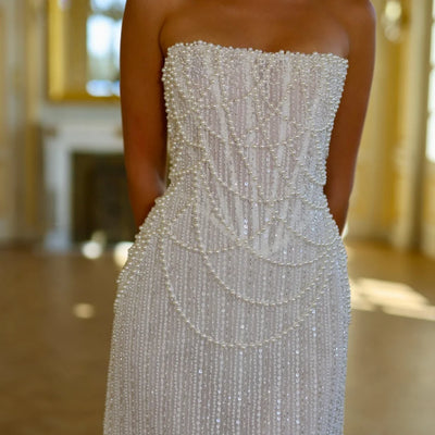 Amanda Customized White Pearls Beading Prom Dresses Sleeveless Strapless vestidos de noche Mini Skirt Backless Formal Evening