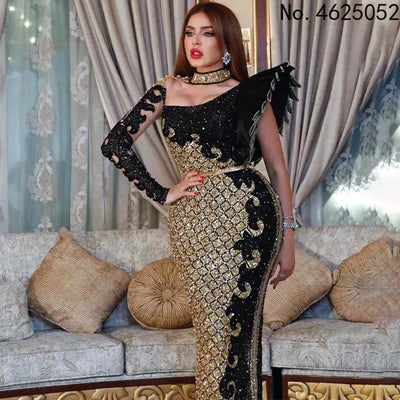 Customized Long Black Dresses Velvet Sequins Embroidered Chest Wrapped Puff Sleeve Dress Classy Ladies Spring Fall Party Celebri