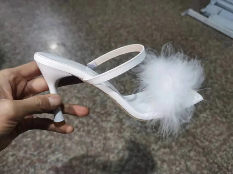 Comemore Transparent Pumps Slip-On Thin Heel High Heels Slide Slipper Womens Party Shoes Nightclub White Women's Sandal Size 43