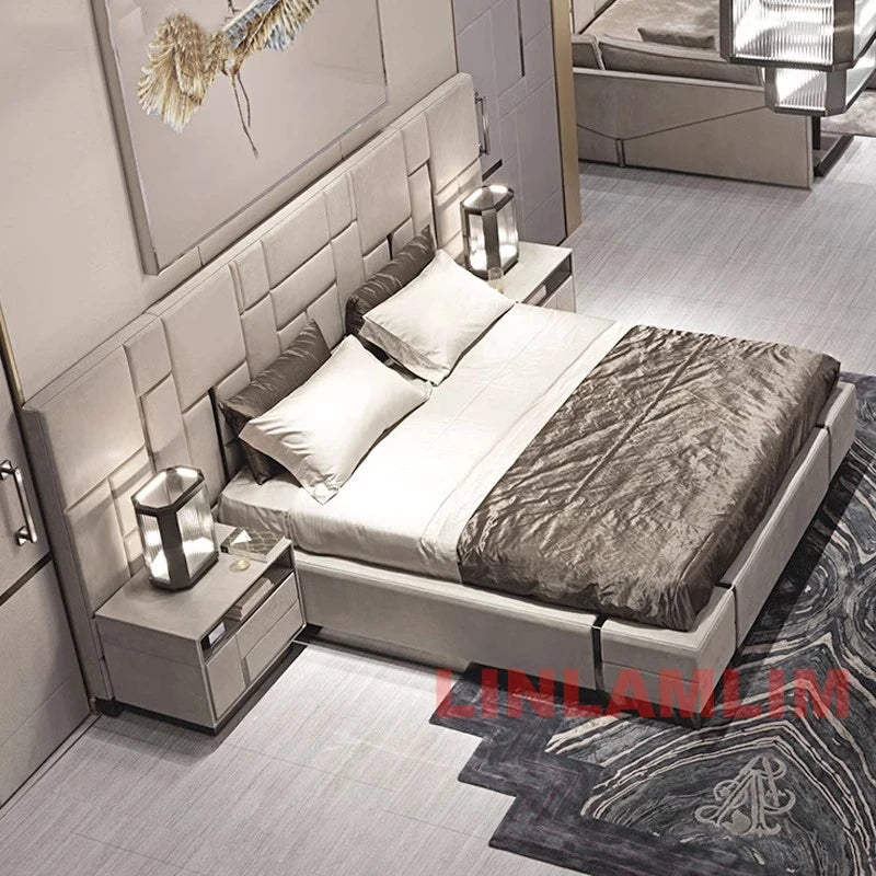 MANBAS Luxury Modern King Size Bed with Soft Upholstered Headboard and Storage Nightstands - Genuine Leather Bedroom Furniture
