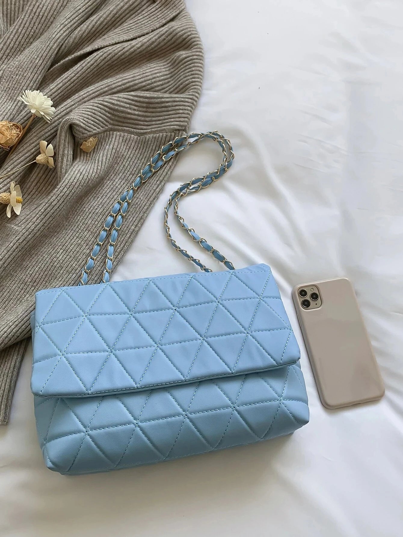Fashion Blue Pu Flap Bag Golden Large Capacity Niche Geometric Handbag Women's Bag Embroidery Thread Metal Chain Shoulder Bag
