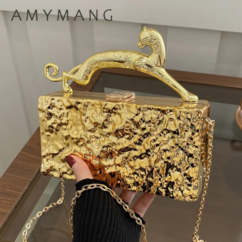 Leopard handle Luxury Gold Silver Party Evening Bag For Women Chain Clutch Handbags And Purses Mini Crossbody Shoulder Phone Bag