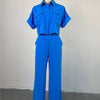 Women's Two Piece Sets Spring Summer Casual Solid Turn-down Neck Short Sleeve Loose Top & Wide Leg Pants Set  Streetwear Outfits