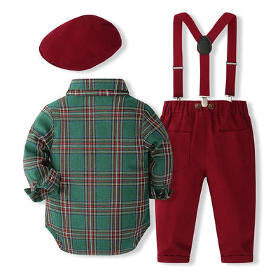 5Piece Spring Autumn Kids Clothes Boys Korean Fashion Plaid Gentleman Bodysuit+Pants+Hat Baby Luxury Clothing Newborn Set BC1693