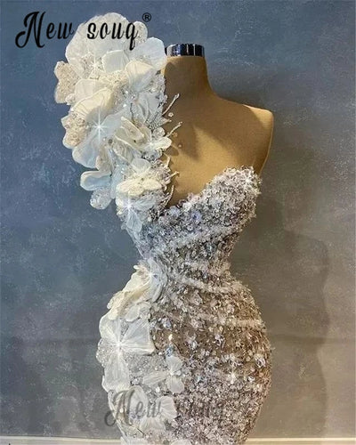 Gorgeous Ruffles Ivory Evening Dress Dubai One Shoulder Chapel Train Wedding Party Dresses Arabic Mermaid Prom Gowns Customized