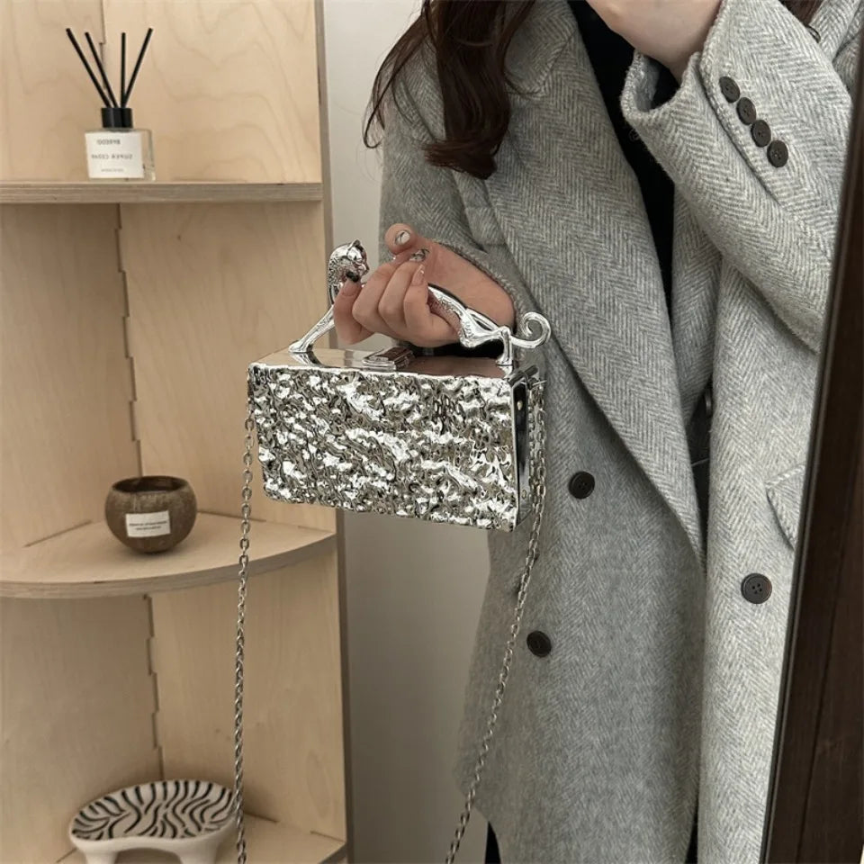 Leopard handle Luxury Gold Silver Party Evening Bag For Women Chain Clutch Handbags And Purses Mini Crossbody Shoulder Phone Bag