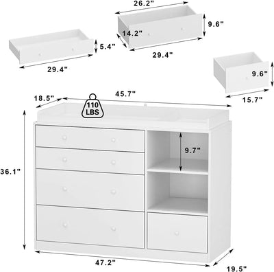 Dresser with Baby Changing Table, Diaper Changing Tables for Nursery with 5 Drawers & Shelves, Changing Station Nursery Organize