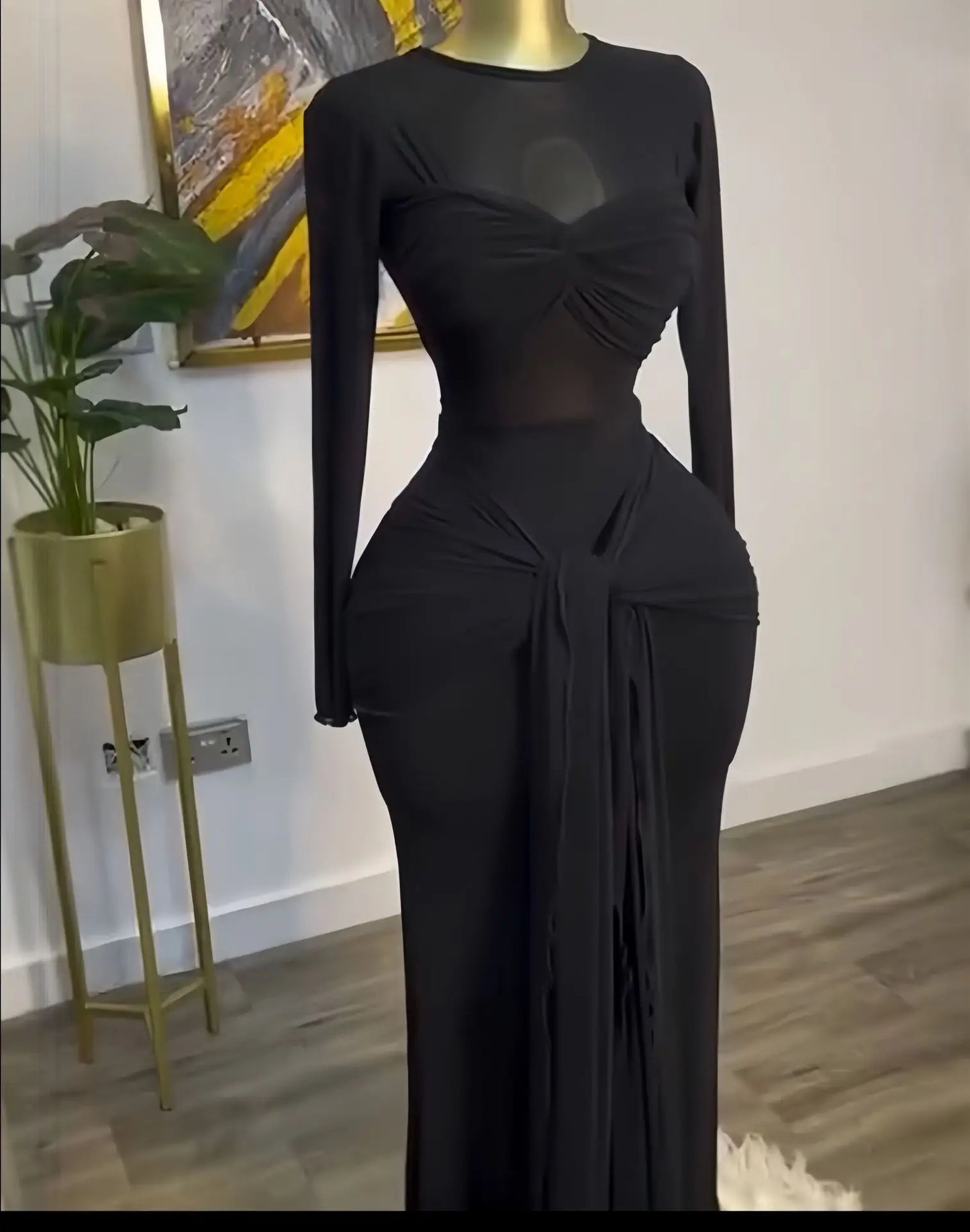 New Women's Long Dresses Sexy Round Neck Full Sleeve High Waist Elegant Splice Bodycon Evening Vestidos Maxi Party Night Dress