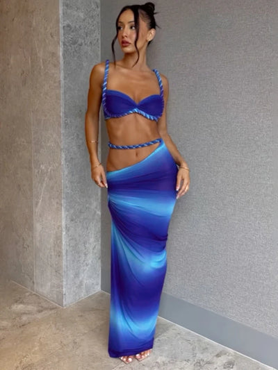 Nibber Sexy Women 2 Piece Set Bandage Ruched Square Collar Bra+Skinny Long Skirts 2025 Summer Vacation Beach Party Trend Suits