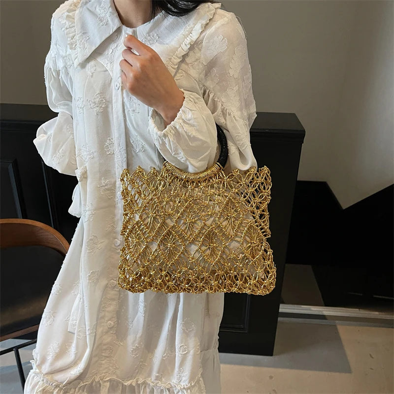 MOODS Handmade Woven Design Round Handle Handbags For Women Eco-friendly Craft Paper Hollow-out Luxury Designer Top-handle Bags