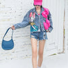 2023 New Women Coat Cartoon Sticker Embroidered Sequin Short Denim Jacket Loose Bowknot Top