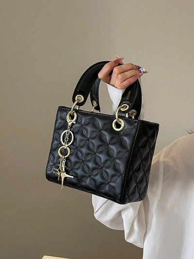 Quilted Pattern Solid Color Pu Handbag With Pendant Decoration, Versatile Noble Women's Crossbody Bag, Fashionable Handbag