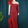 AOMEI Women Party Dress Off Shoulder One Sleeve Tiered Ruffle Slit Long Burgundy Lace Christmas Birthday Elegant Prom Event Gown