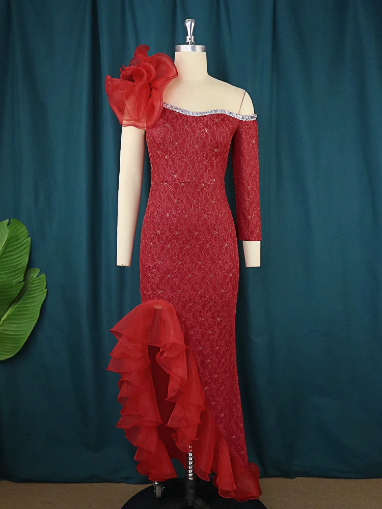 AOMEI Women Party Dress Off Shoulder One Sleeve Tiered Ruffle Slit Long Burgundy Lace Christmas Birthday Elegant Prom Event Gown