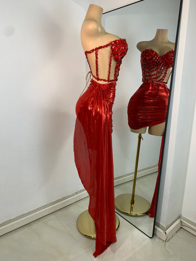 Sparkly Red Diamonds Asymmetrical Two Pieces Dress Design 2025 Women Sexy Strapless Top Skirt Suits Dance Performance Outfit